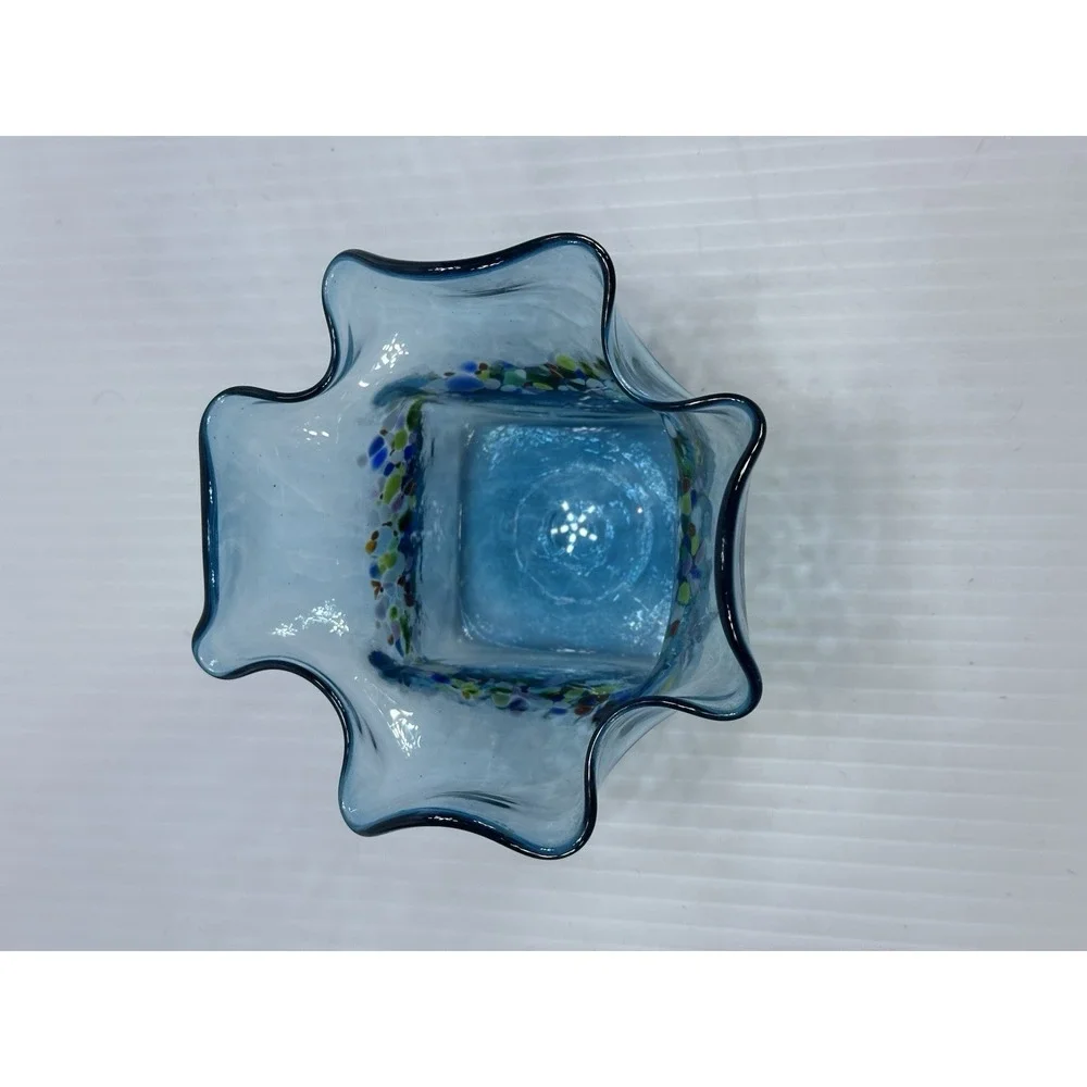 Slow Burn Glass Signed Dated 2022 Hand Blown Blue Multi Color Fluted Vase 3.5
